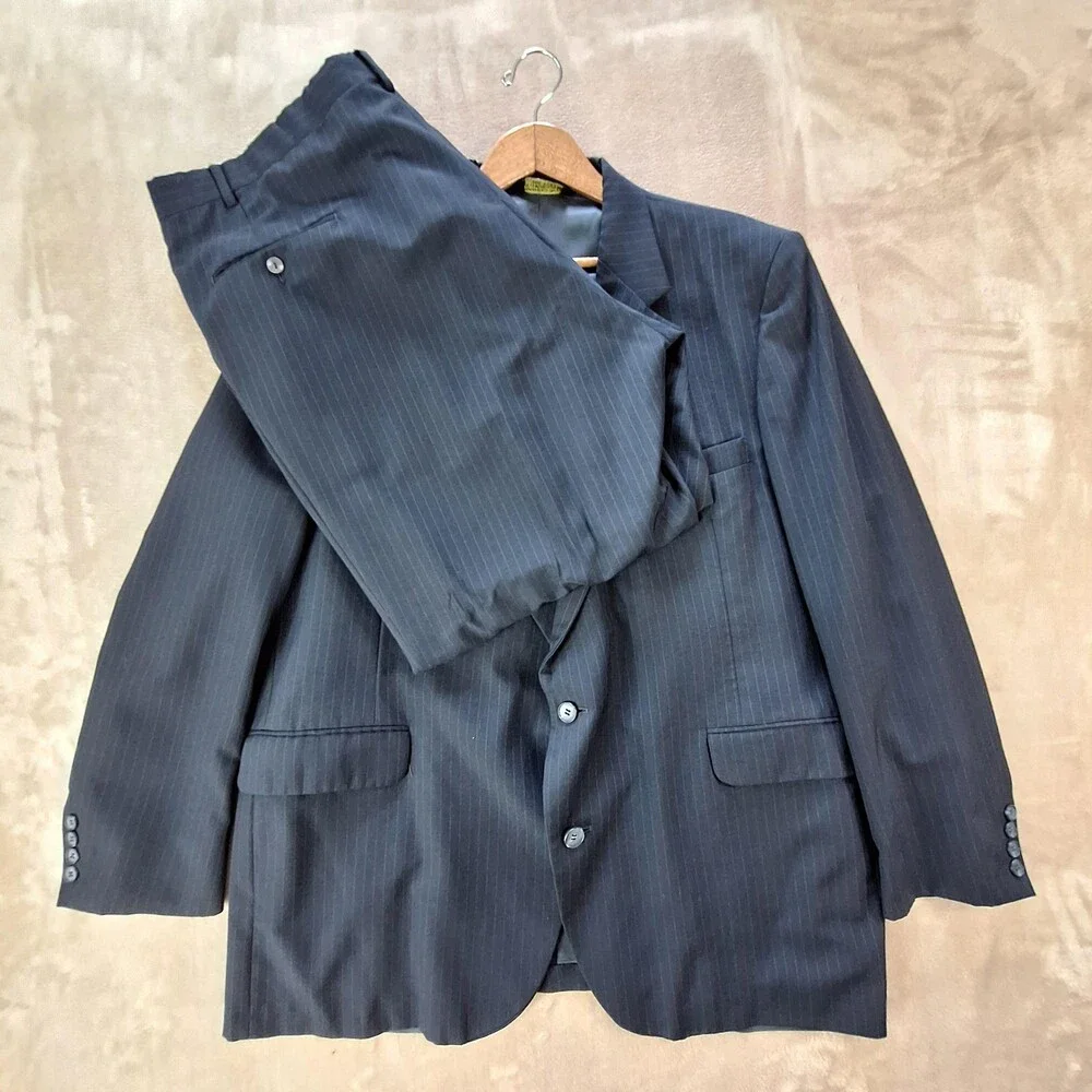 Vintage American Trend Suit Mens 50 41x28 Blue Stripe Single Vent 2 Btn 2 Piece